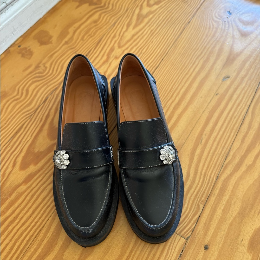 Ganni Black Loafers with Crystal Accent